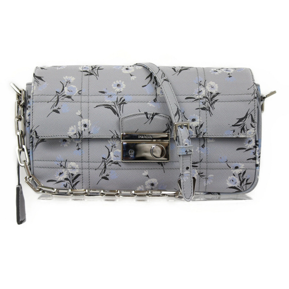 PRADA Saffiano Soft Gray Floral Chain Shoulder Bag Compact